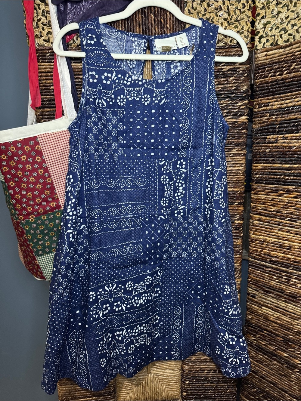 Cynthia Rowley Navy and White Patchwork Print Sleeveless Dress